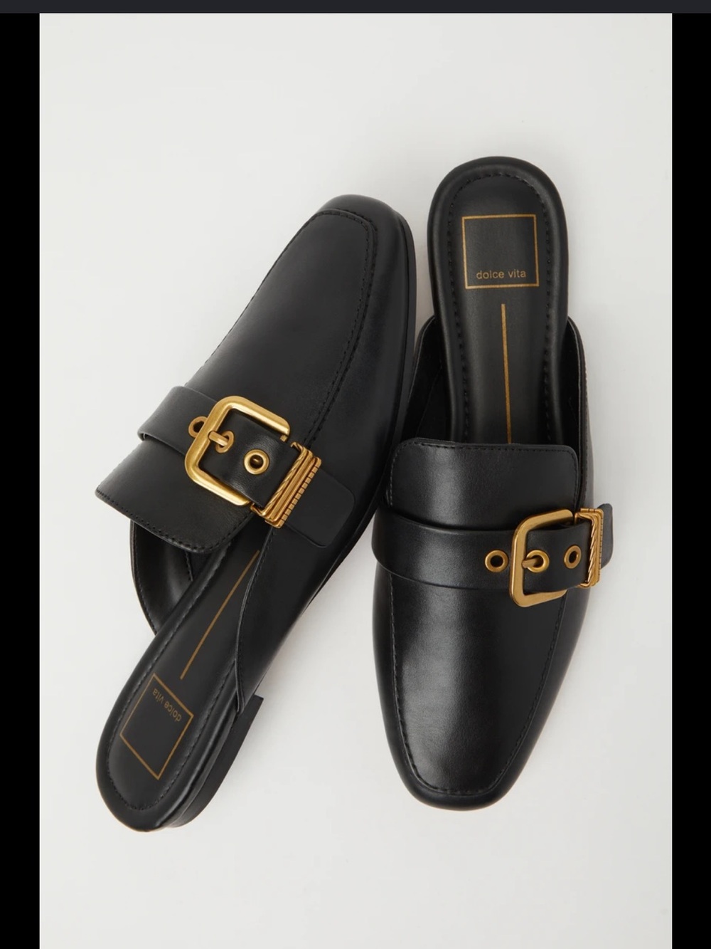 Dolce Vita Black Leather Mule with Gold Buckle Accent